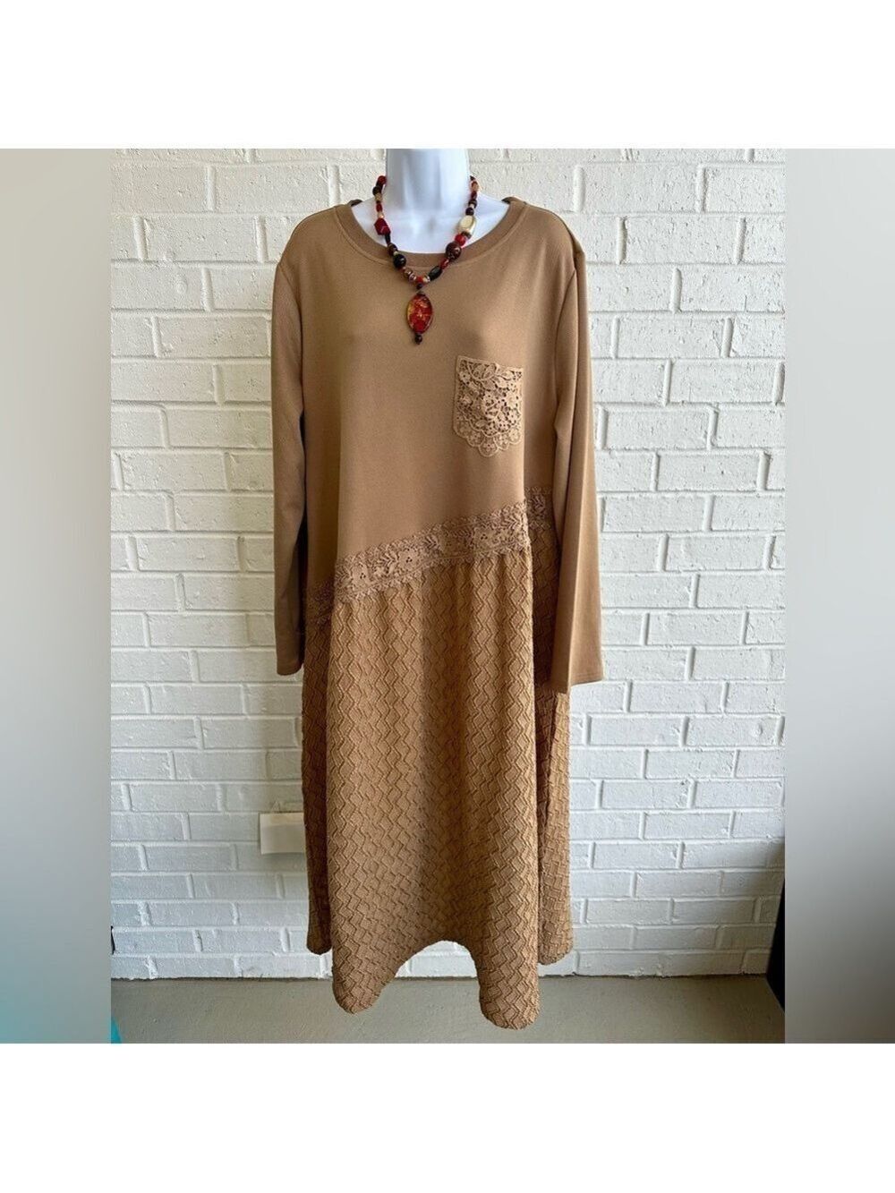 Modlily L. Sleeve Dark Camel Round Neck Midi Dress, Lace Detail, Tummy Coverage
